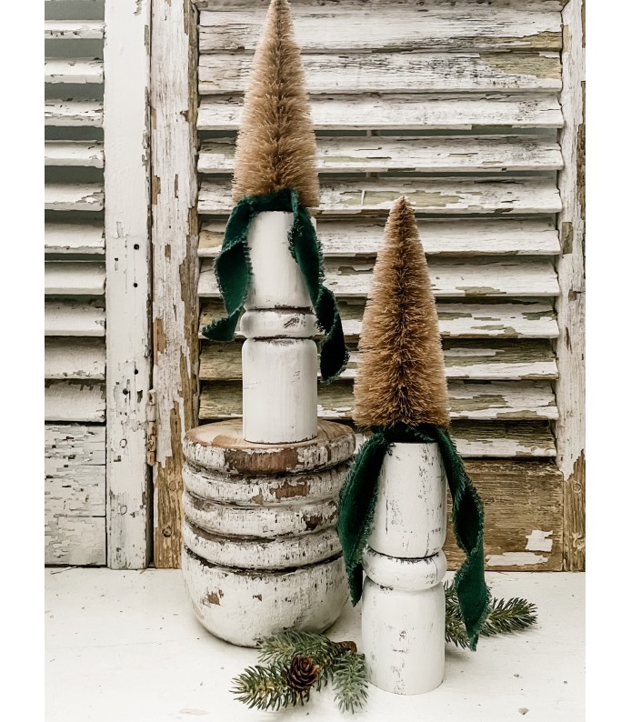 Vintage Architectural Salvage Chippy Spindles with Brown Ragon House Trees, Green Velvet Ribbon - Set of 2 - LTD